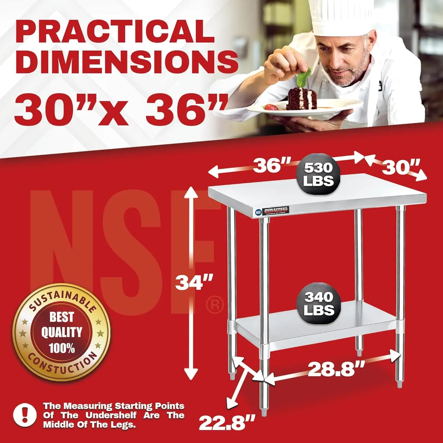 Stainless Steel Food Prep Table - DuraSteel 30 x 36 Inch Commercial Metal Workbench