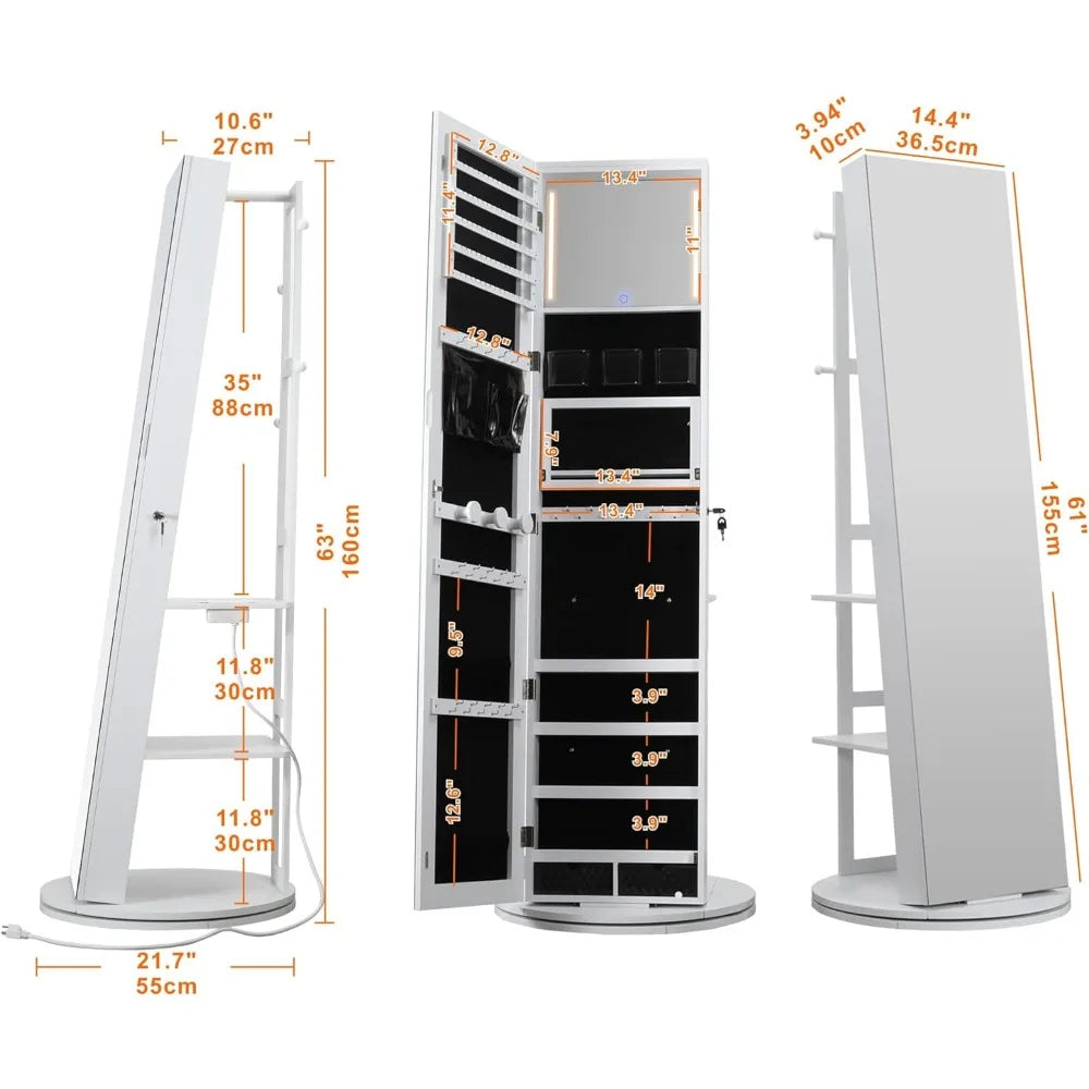 Swivel Mirrored Jewelry Cabinet with Full-Length Mirror and Power Outlet, Lockable Standing Jewelry Organizer with Rear Storage