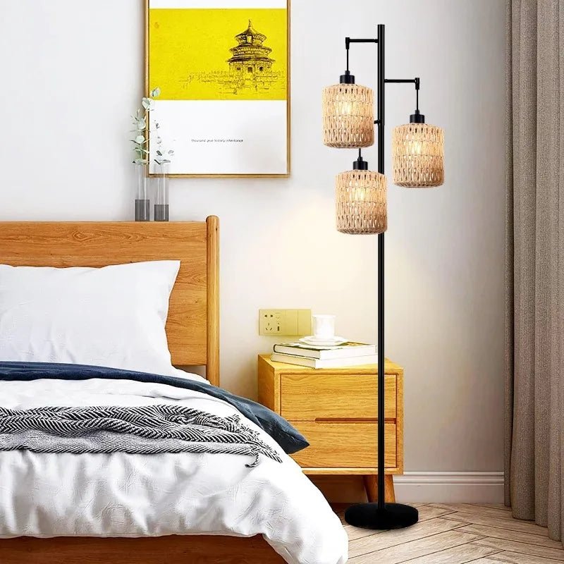 3-Lights Boho Rattan  Black Farmhouse Standing Lamp