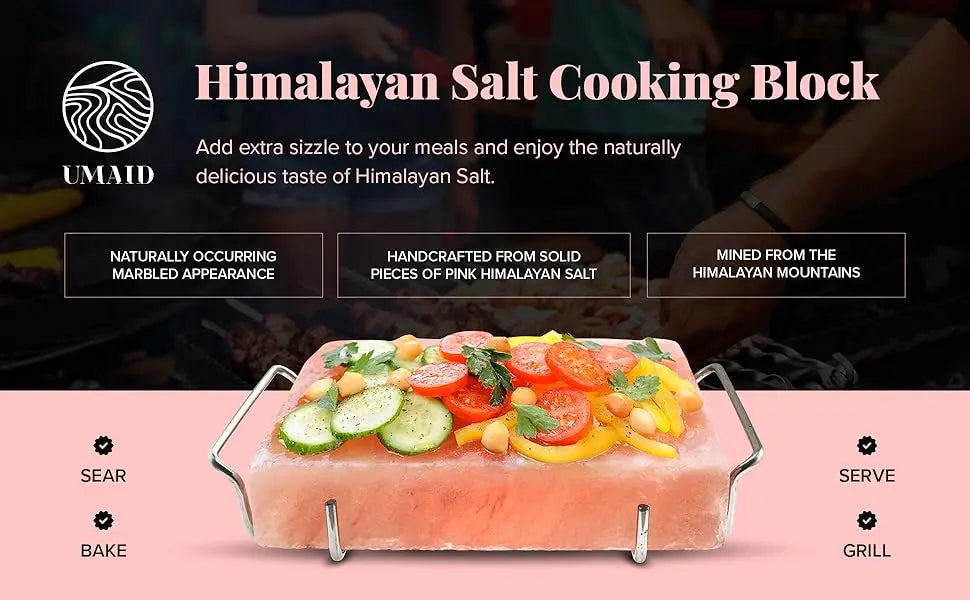 UMAID Himalayan Salt Block For Grilling, Cooking, Cutting and Serving,12X8X1.5  Food Grade Himalayan Pink Salt Stone on Stainless