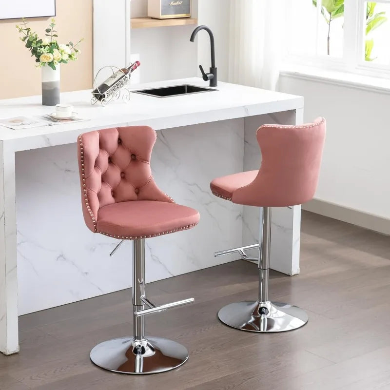 Swivel Bar Stools Set of 2, Adjustable Counter Height Barstools with Nailheads Trim, Button Tufted Back and Silver Footrest,