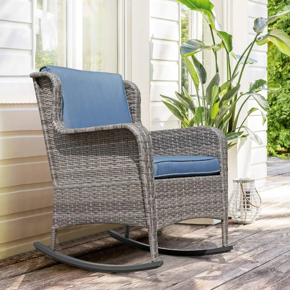 Outdoor Resin Wicker Rocking Chair with Cushions, Patio Yard Furniture Club Rocker Chair, Gray Wicker & Navy Cushions