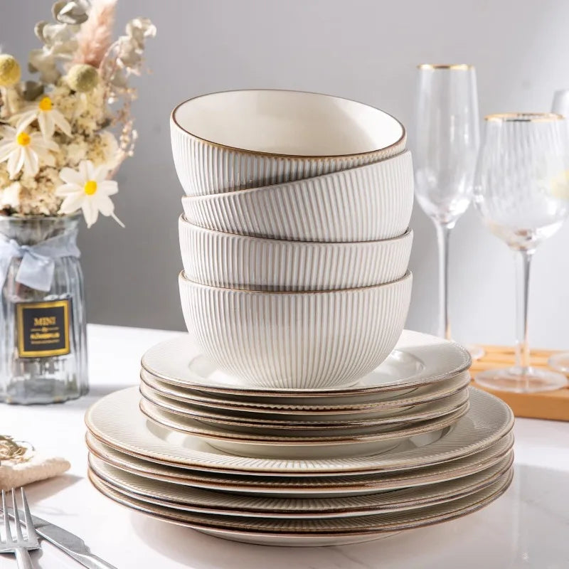 Ceramic Dinnerware Set; Embossed Elegant Stoneware Plates and Bowls