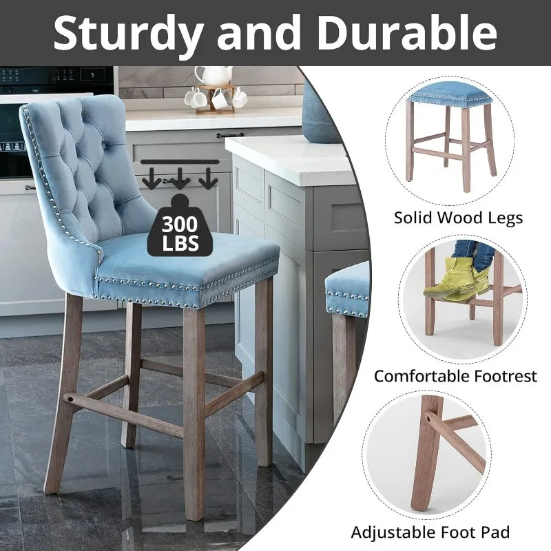 Bar Stools Set of 4 Counter Height, Velvet Upholstered Barstools with Solid Wood Legs, Button Tufted and Nailheads Trim