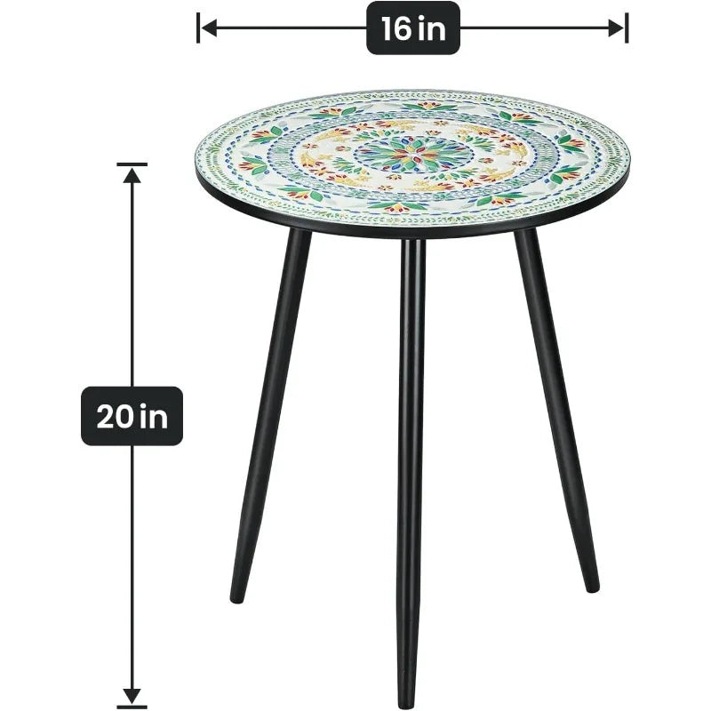 Round Side End Table, 16" Unique Relief Ceramic Tile Table Top with Metal Structure, Small Accent Coffee Tables