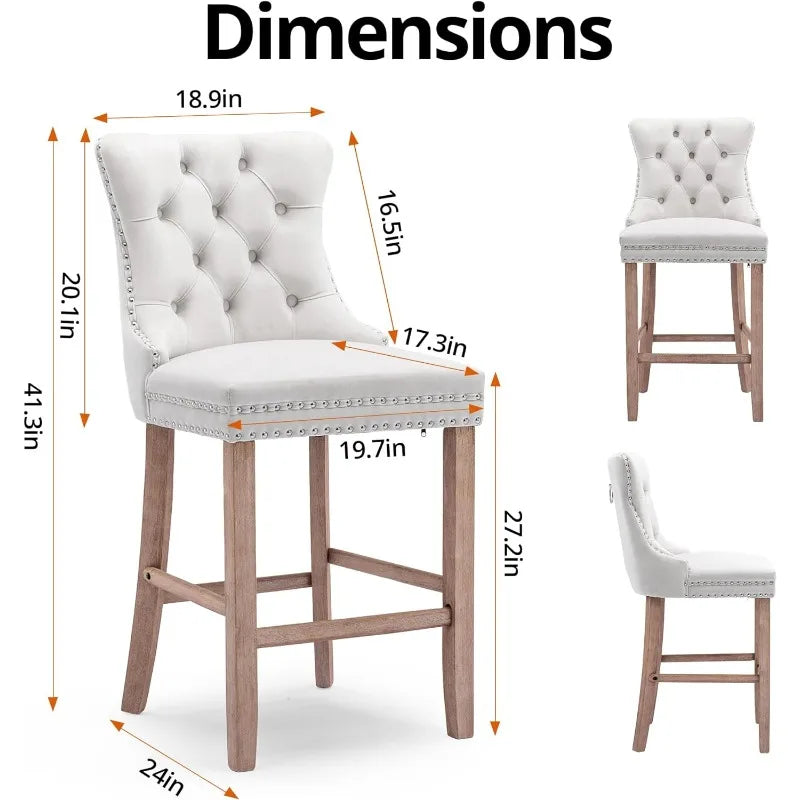 Bar Stools Set of 4 Counter Height, Velvet Upholstered Barstools with Solid Wood Legs, Button Tufted and Nailheads Trim