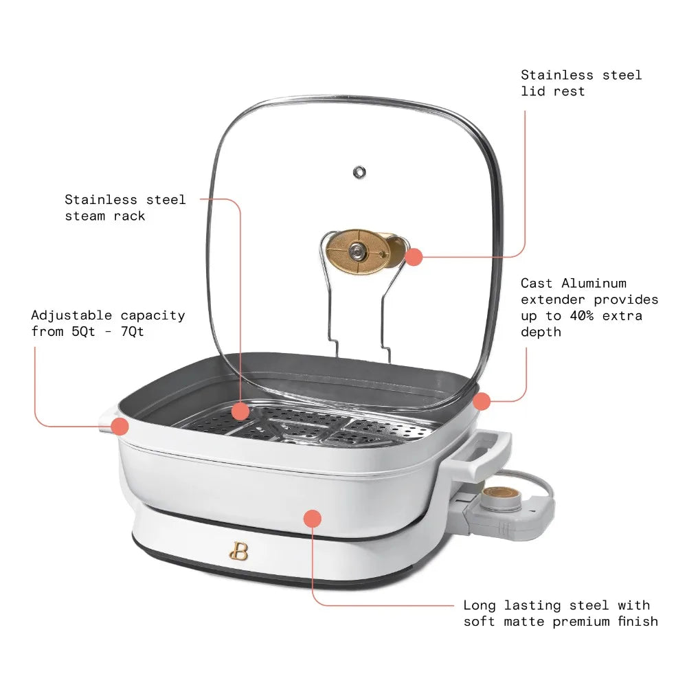 2023 New Beautiful 5 in 1 Electric Skillet - Expandable Up To 7 Qt with Glass Lid, White Icing