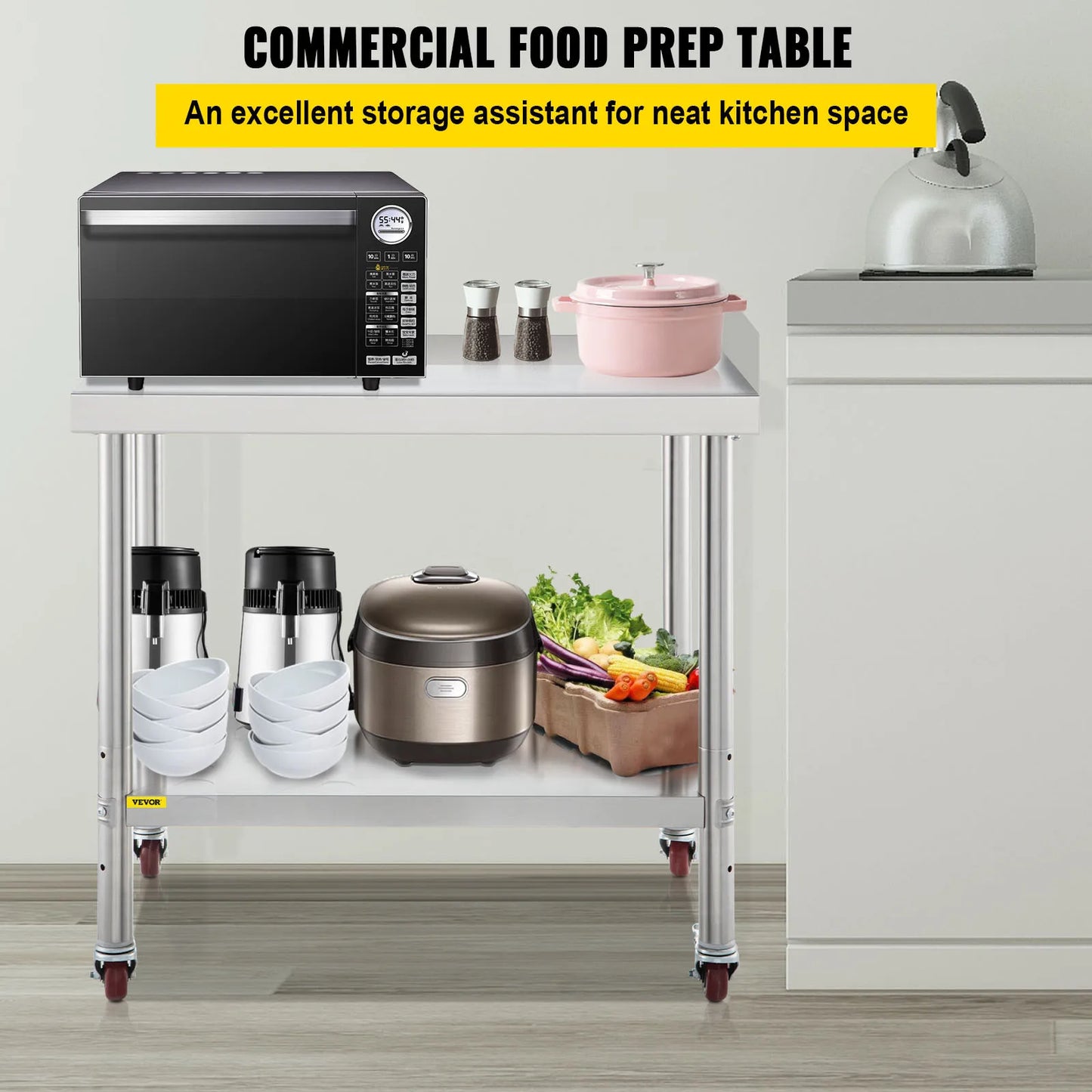 VEVOR Stainless Steel Heavy Duty Prep Table w/Backsplash, Adjustable Undershelf & 4Casters.