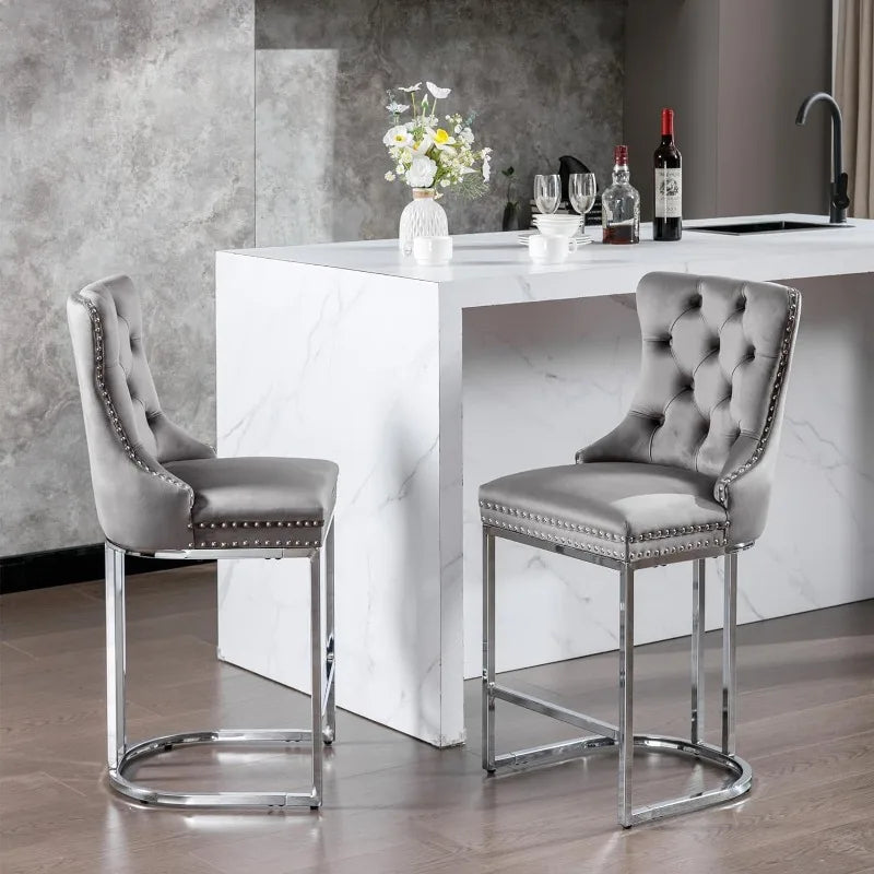 Bar Stools Set of 4 Counter Height, Velvet Upholstered Barstools with Solid Wood Legs, Button Tufted and Nailheads Trim