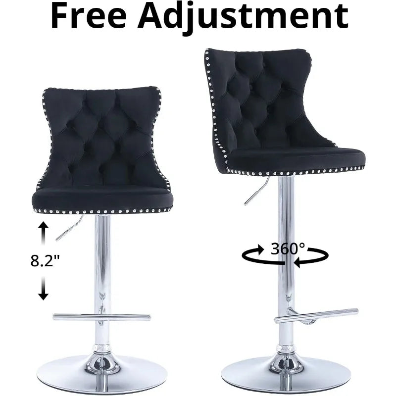 Swivel Bar Stools Set of 2, Adjustable Counter Height Barstools with Nailheads Trim, Button Tufted Back and Silver Footrest,