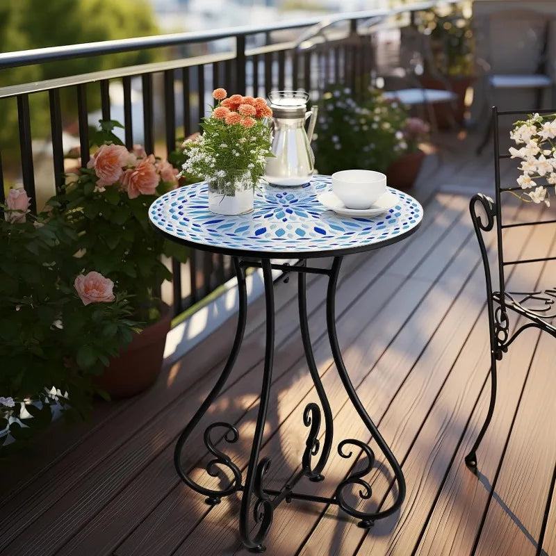 Round Side End Table, 16" Unique Relief Ceramic Tile Table Top with Metal Structure, Small Accent Coffee Tables