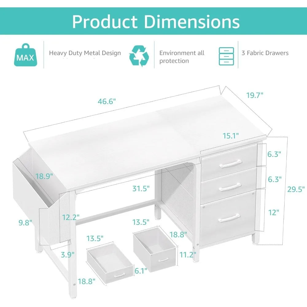 White Computer Desk with File Drawers Cabinet, 47 Inch Home Office Desks with Fabric Filing Cabinet for Small Space