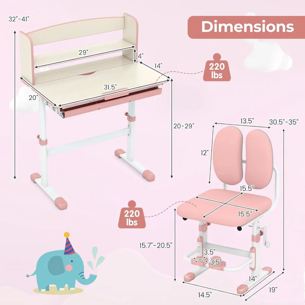 Kids Desk and Chair Set - Height Adjustable Children School Study Table and Chair Set w/Tilt Desktop