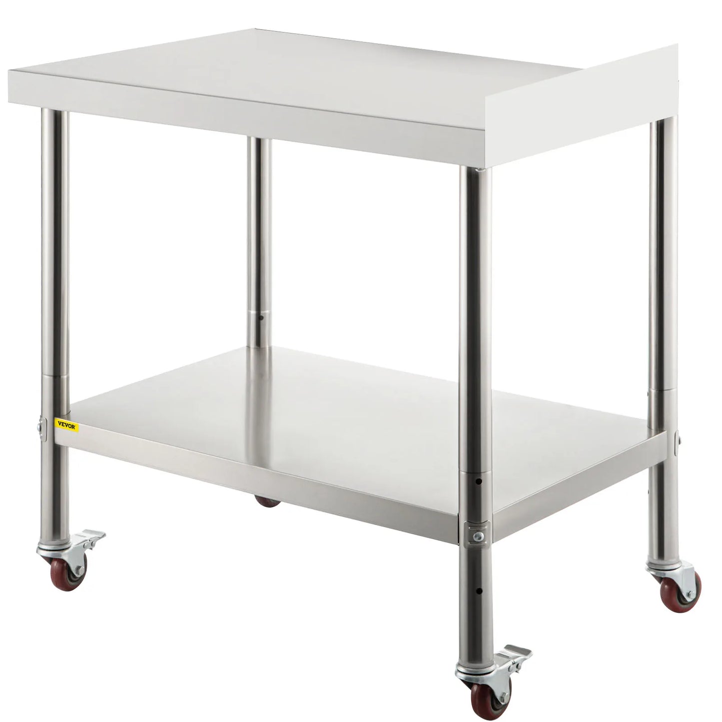 VEVOR Stainless Steel Heavy Duty Prep Table w/Backsplash, Adjustable Undershelf & 4Casters.