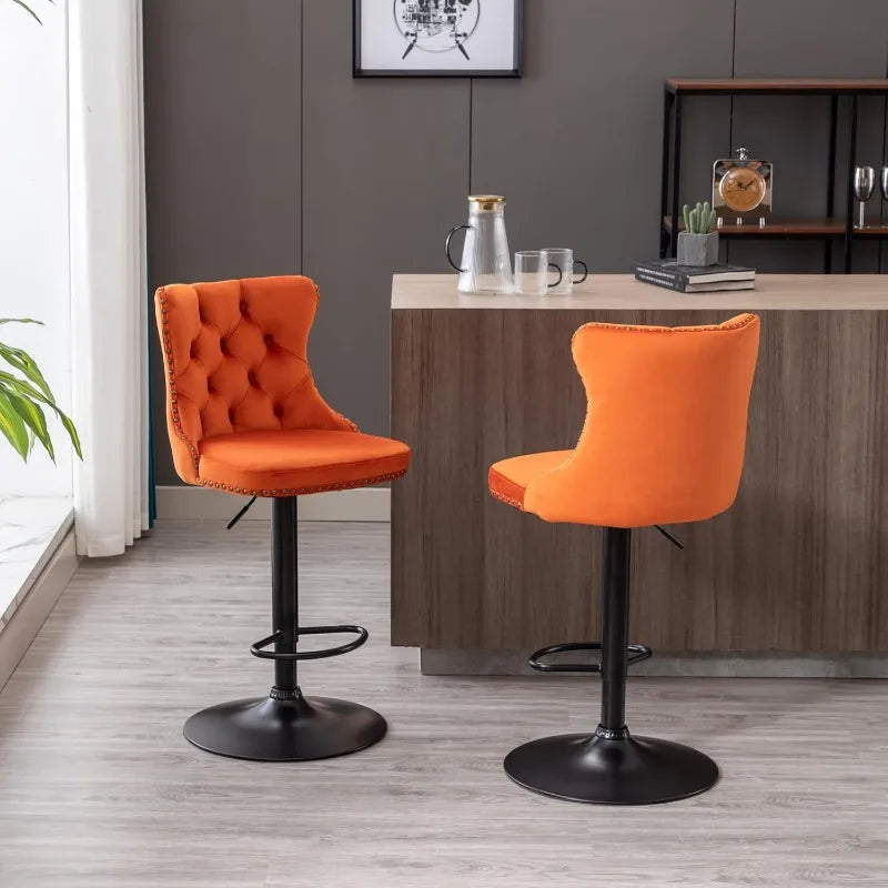 Swivel Bar Stools Set of 2, Adjustable Counter Height Barstools with Nailheads Trim, Button Tufted Back and Silver Footrest,