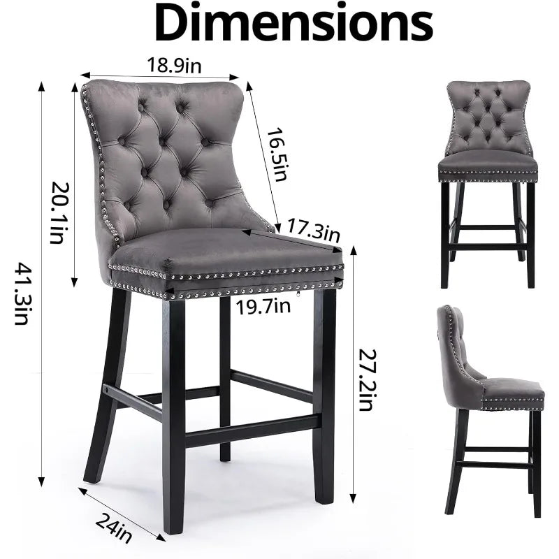 Bar Stools Set of 4 Counter Height, Velvet Upholstered Barstools with Solid Wood Legs, Button Tufted and Nailheads Trim