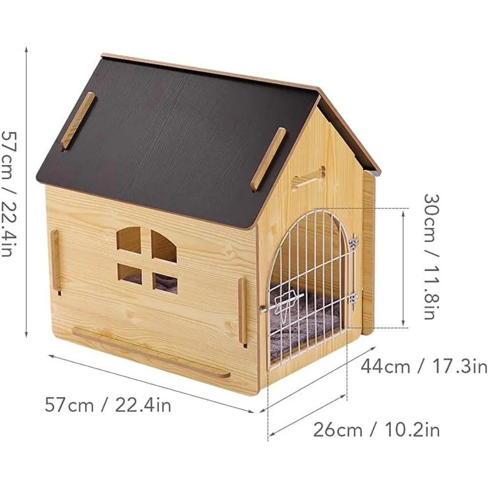 Wooden Pet House with Roof for Dogs Indoor and Outdoor Use, Easy Assemble Breathable Dog Crate for Small, Medium Dog, Cat