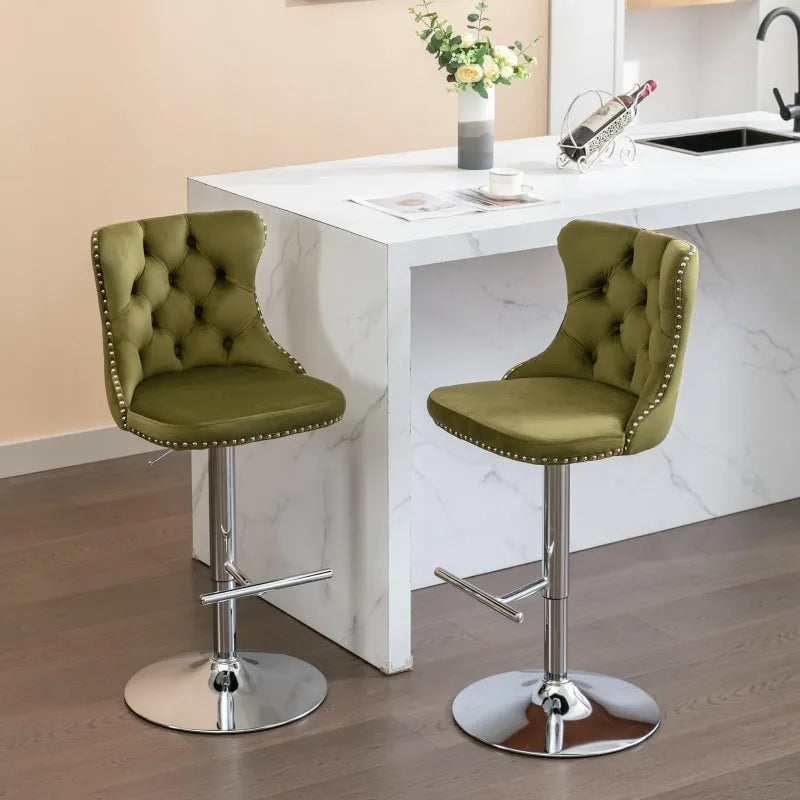 Swivel Bar Stools Set of 2, Adjustable Counter Height Barstools with Nailheads Trim, Button Tufted Back and Silver Footrest,