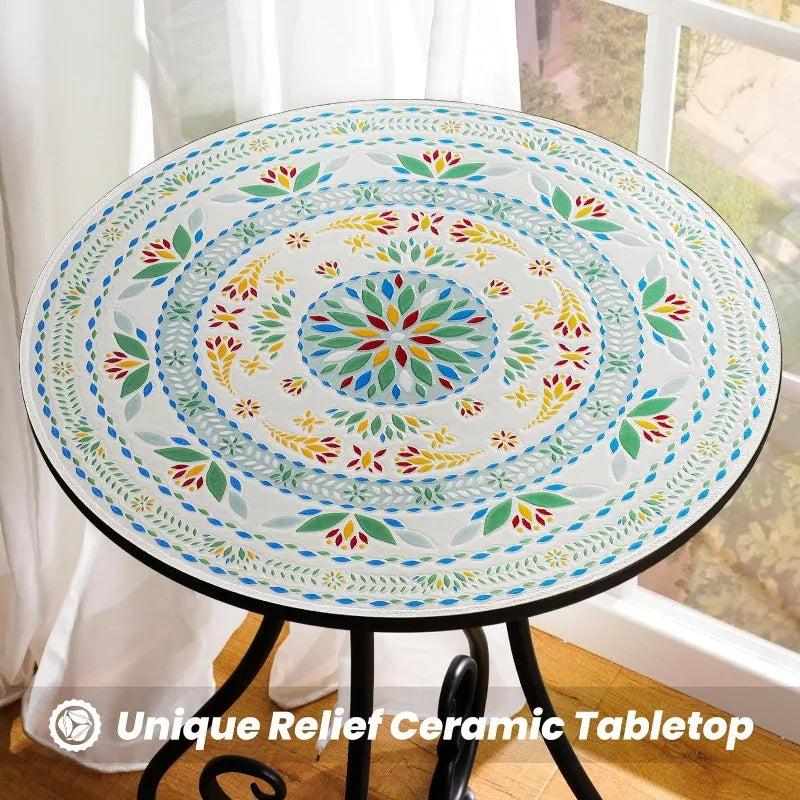 Round Side End Table, 16" Unique Relief Ceramic Tile Table Top with Metal Structure, Small Accent Coffee Tables