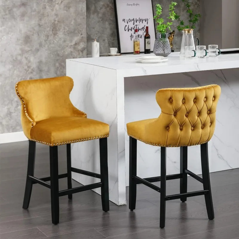 Bar Stools Set of 4 Counter Height, Velvet Upholstered Barstools with Solid Wood Legs, Button Tufted and Nailheads Trim