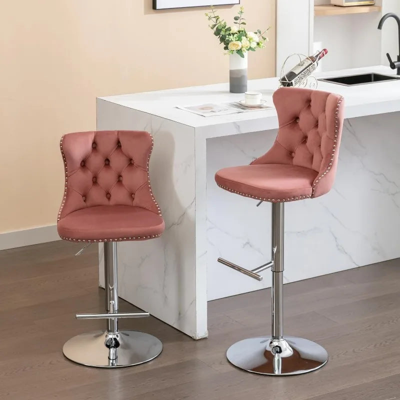 Swivel Bar Stools Set of 2, Adjustable Counter Height Barstools with Nailheads Trim, Button Tufted Back and Silver Footrest,