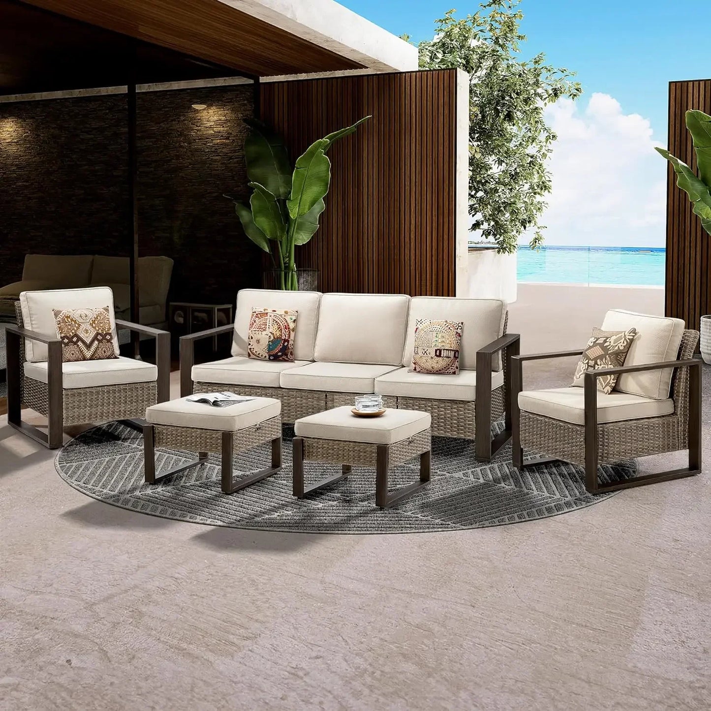 Wicker Patio Furniture Set All Weather Outdoor Furniture Set Contains A Sofa, Two Rattan Dining Chairs and Two Ottomans