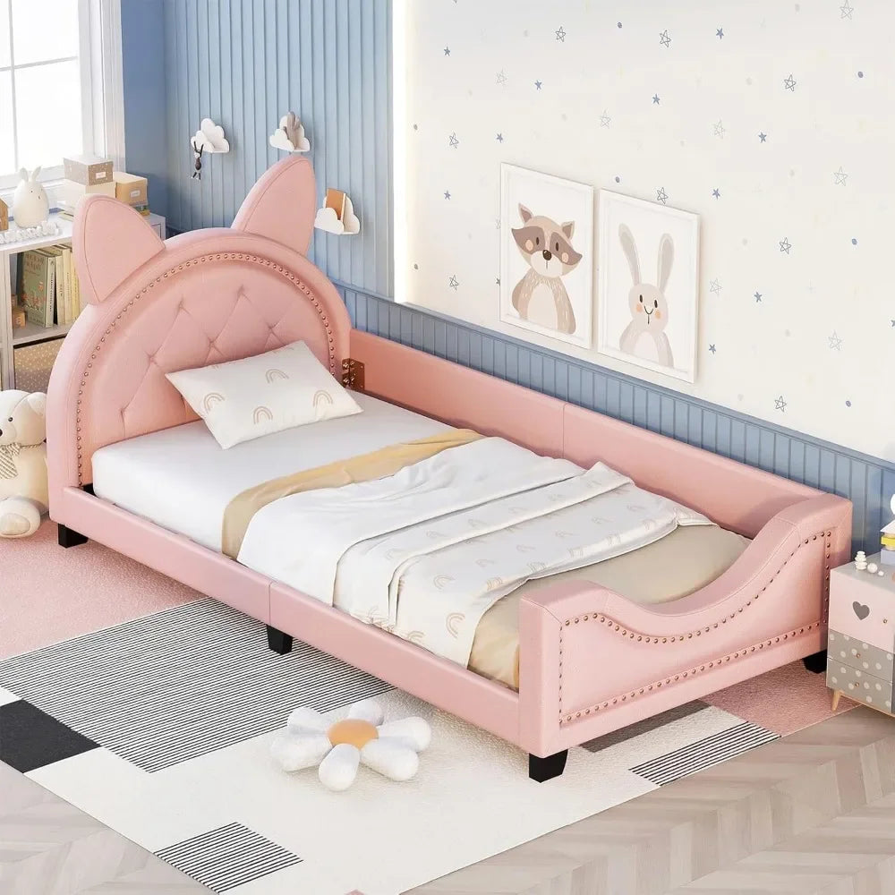 Upholstered Twin Size PU Leather Platform Bed with Carton Ears Shaped Headboard