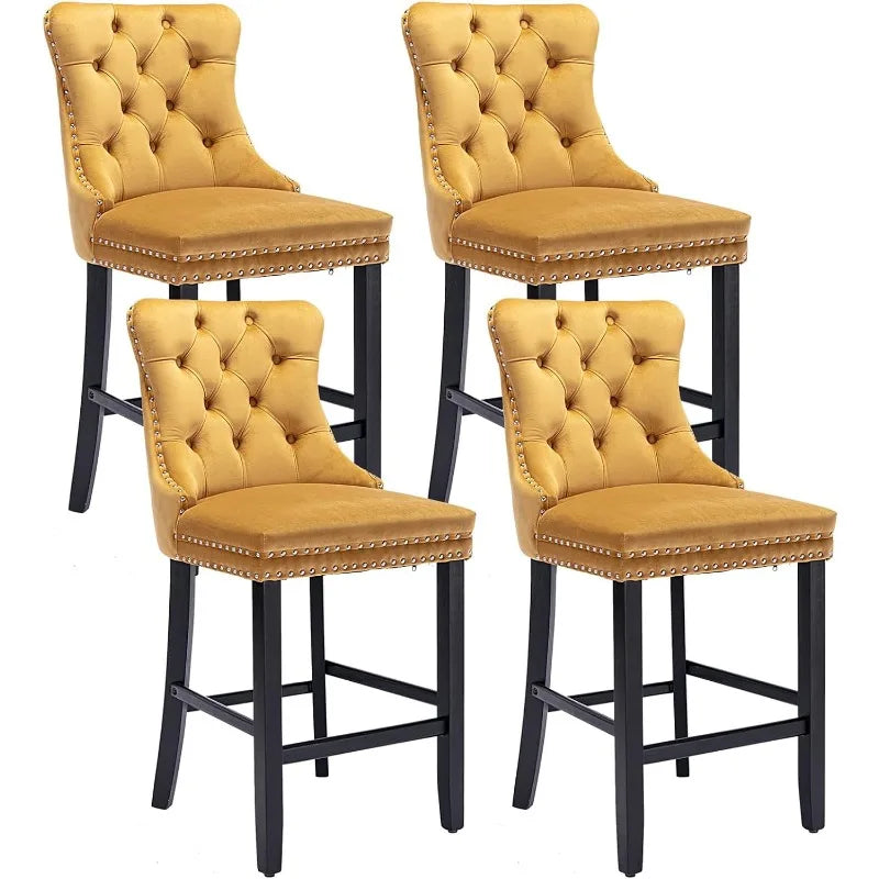 Bar Stools Set of 4 Counter Height, Velvet Upholstered Barstools with Solid Wood Legs, Button Tufted and Nailheads Trim