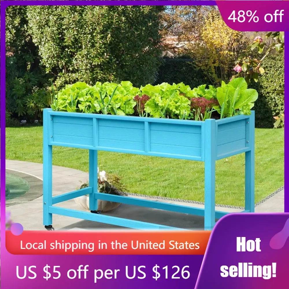 Raised Garden Bed, Weather Resistant Poly Wood Planter Box with Legs & Lockable Wheels, Garden Bed for Backyard Patio /Balcony