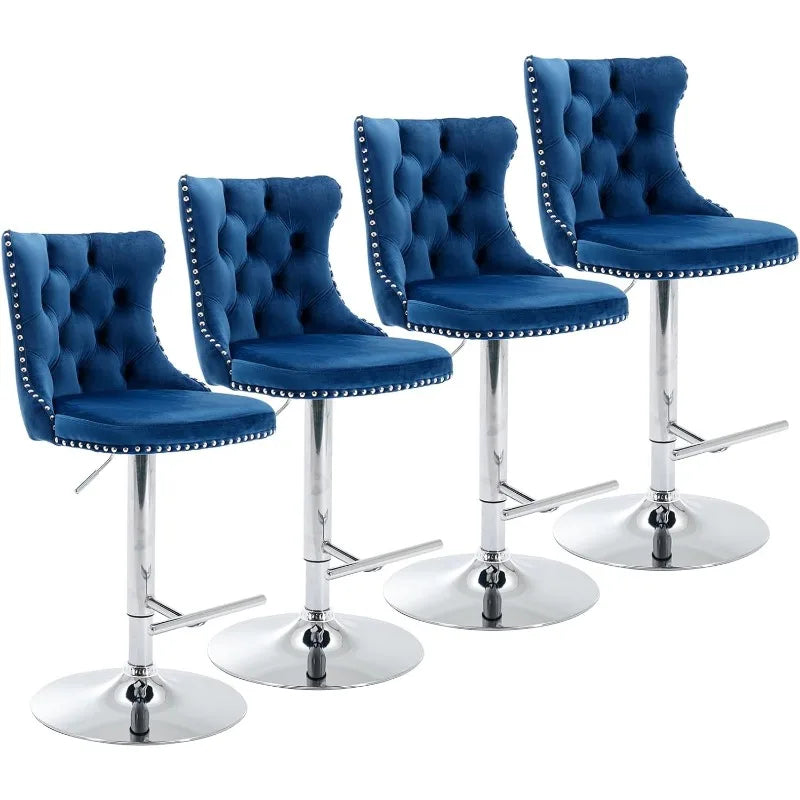 Swivel Bar Stools Set of 2, Adjustable Counter Height Barstools with Nailheads Trim, Button Tufted Back and Silver Footrest,