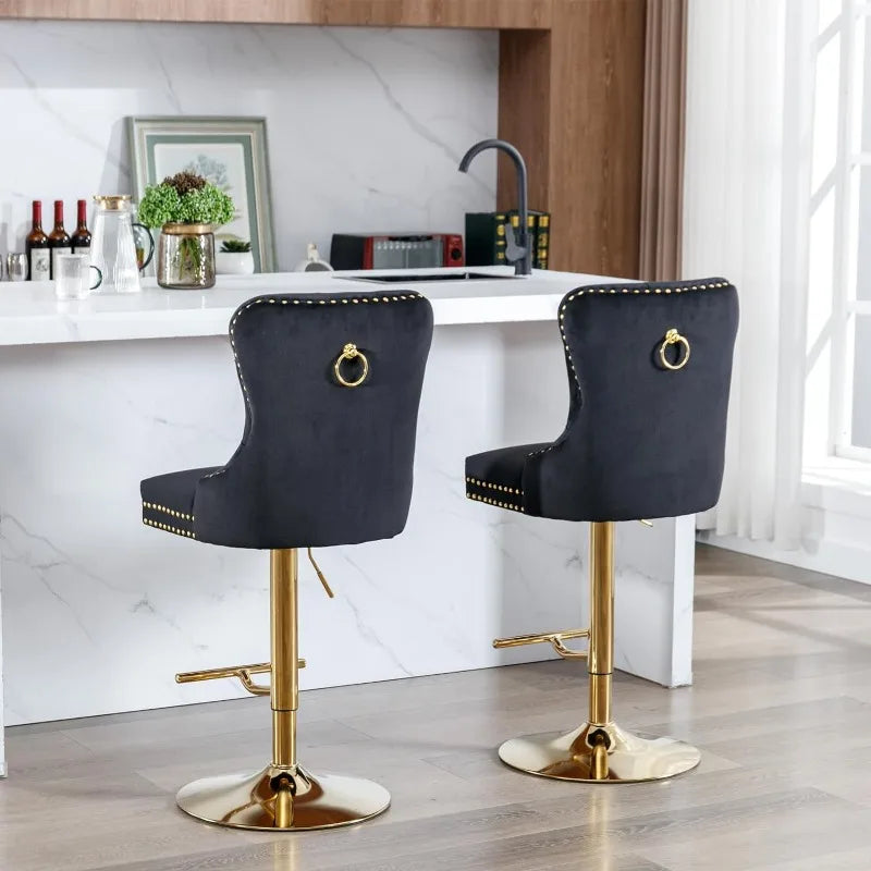 Swivel Bar Stools Set of 2, Adjustable Counter Height Barstools with Nailheads Trim, Button Tufted Back and Silver Footrest,