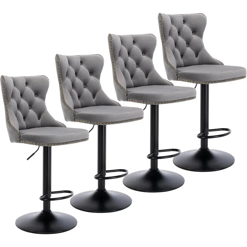 Swivel Bar Stools Set of 2, Adjustable Counter Height Barstools with Nailheads Trim, Button Tufted Back and Silver Footrest,