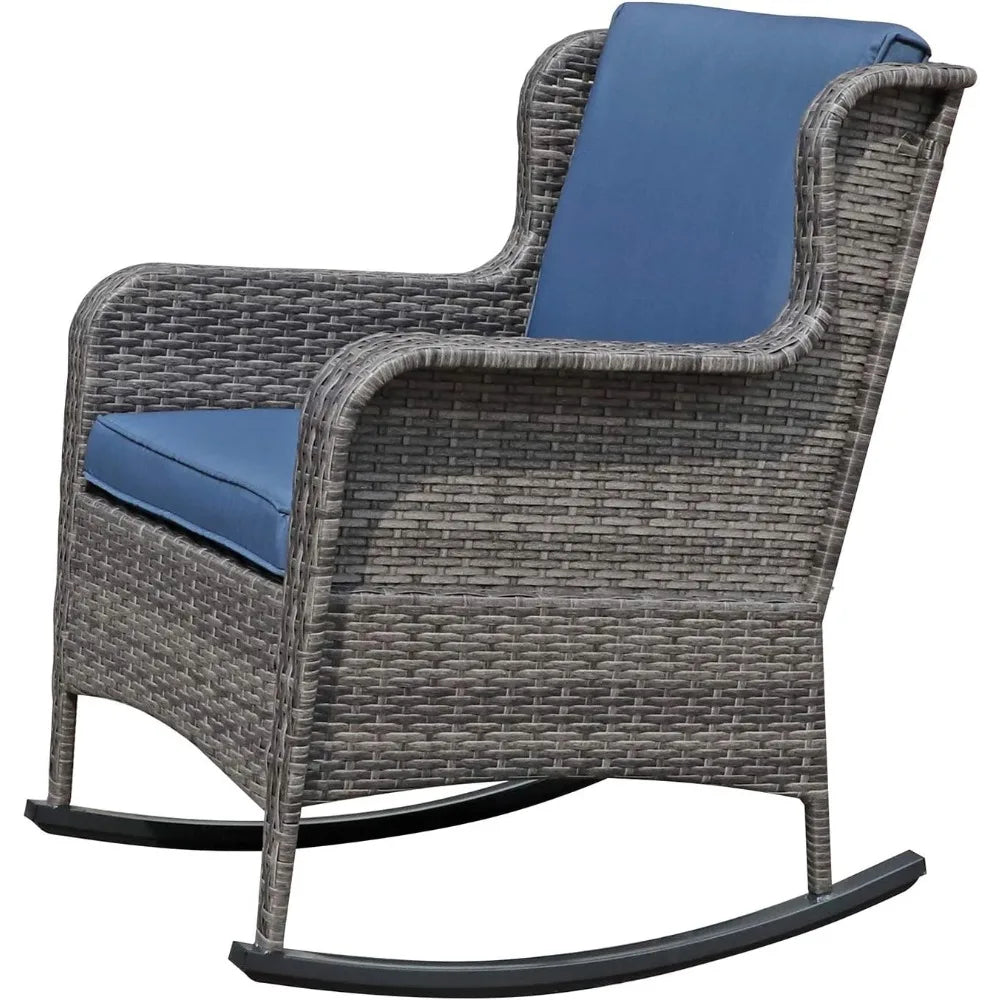 Outdoor Resin Wicker Rocking Chair with Cushions, Patio Yard Furniture Club Rocker Chair, Gray Wicker & Navy Cushions