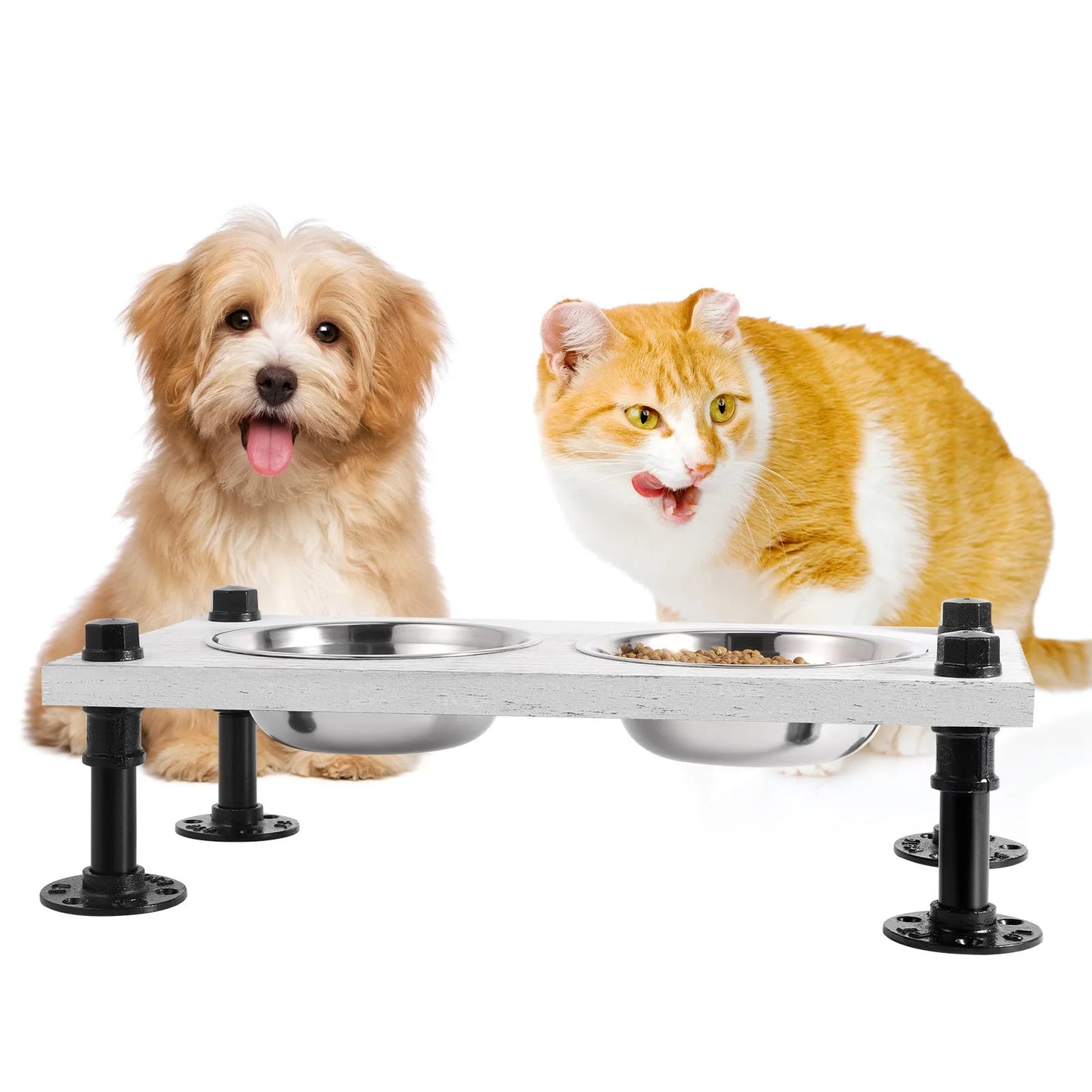 Raised Dog Bowl Stand with 2 Stainless Steel Bowls with Non-Slip Base and Wooden Surface