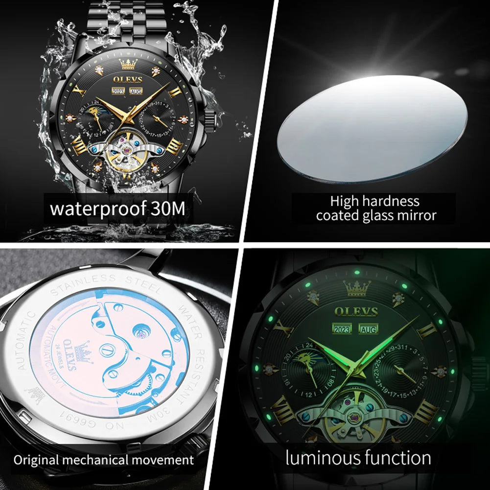 Men's Automatic Mechanical Wristwatch Luxury Skeleton Flywheel Design Moon Phase Waterproof Original Brand Man Watch