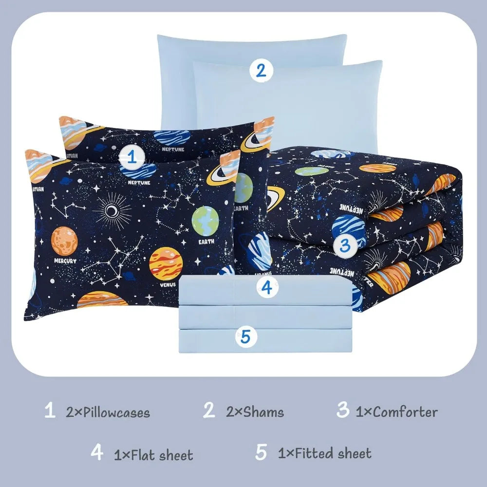 7 Pieces Bed in A Bag, Lightweight Space Bedding Sets for Kids, Teens, Full