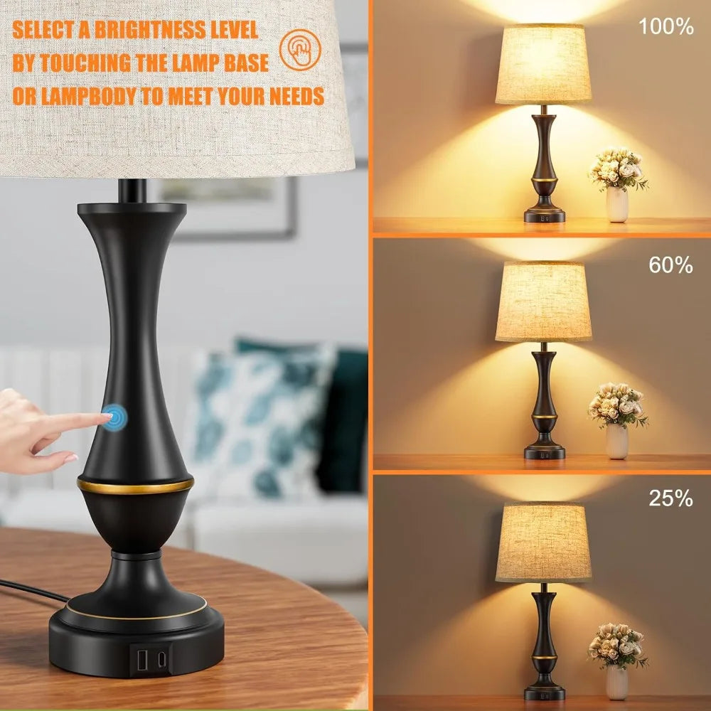 Upgraded Touch Lamps for Bedrooms Set of 2 - Nightstand Table Lamp with USB C+A, 3 Way Dimmable