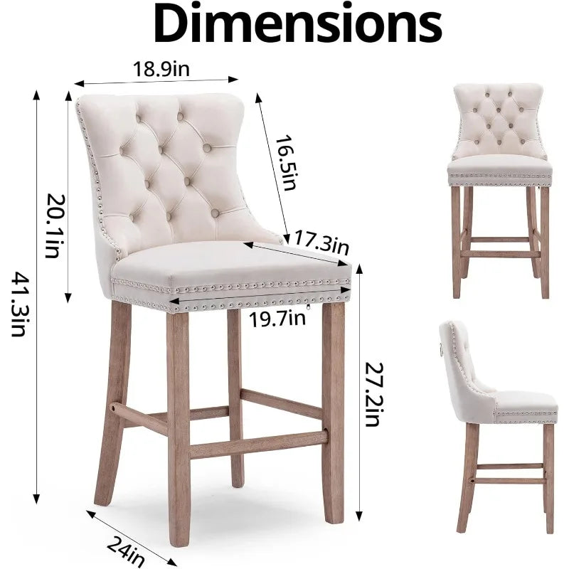 Bar Stools Set of 4 Counter Height, Velvet Upholstered Barstools with Solid Wood Legs, Button Tufted and Nailheads Trim