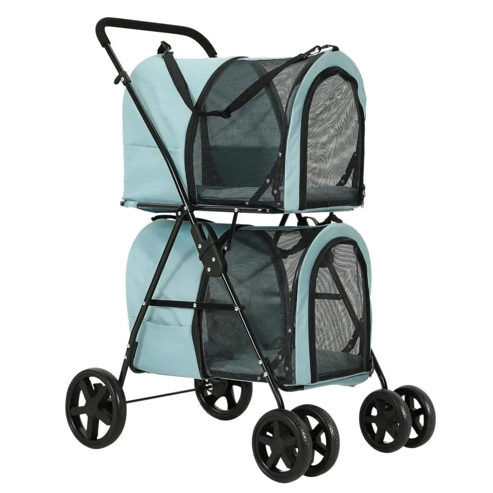 4-in-1 Double Pet Stroller for Dogs and Cats, 2 Detachable Carriers 4 Lockable Wheels Travel Cart, Collapsible