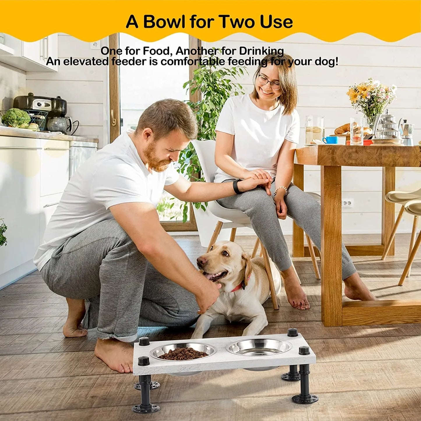 Raised Dog Bowl Stand with 2 Stainless Steel Bowls with Non-Slip Base and Wooden Surface