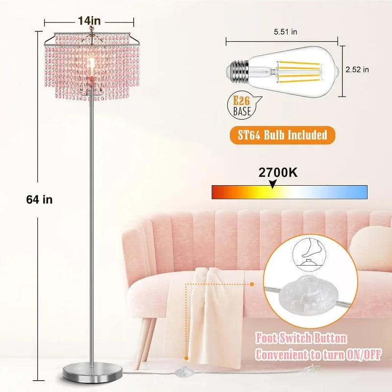 Crystal Floor Lamp, Double-Layer Lampshade, On/Off Foot Switch