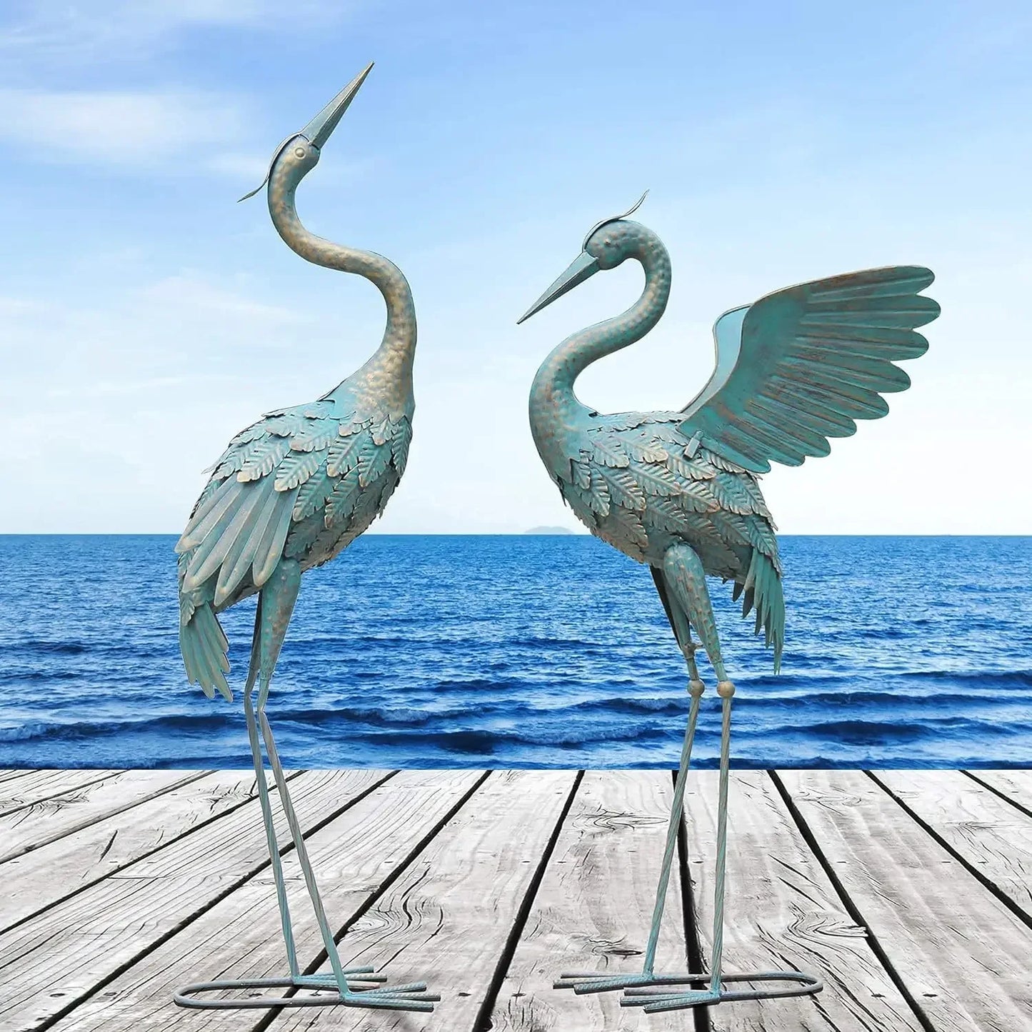 2 Metal Crane Garden Statues