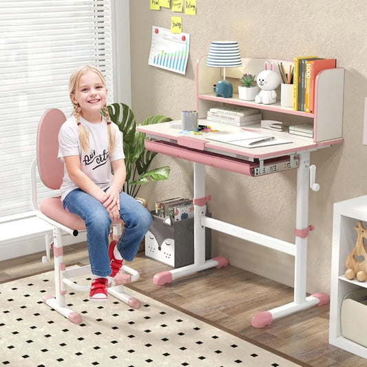 Kids Desk and Chair Set - Height Adjustable Children School Study Table and Chair Set w/Tilt Desktop