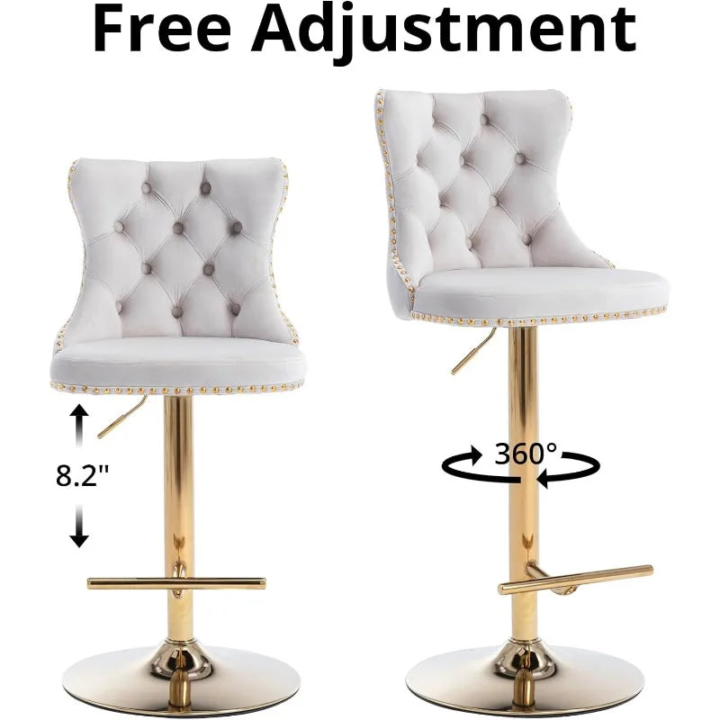 Swivel Bar Stools Set of 2, Adjustable Counter Height Barstools with Nailheads Trim, Button Tufted Back and Silver Footrest,