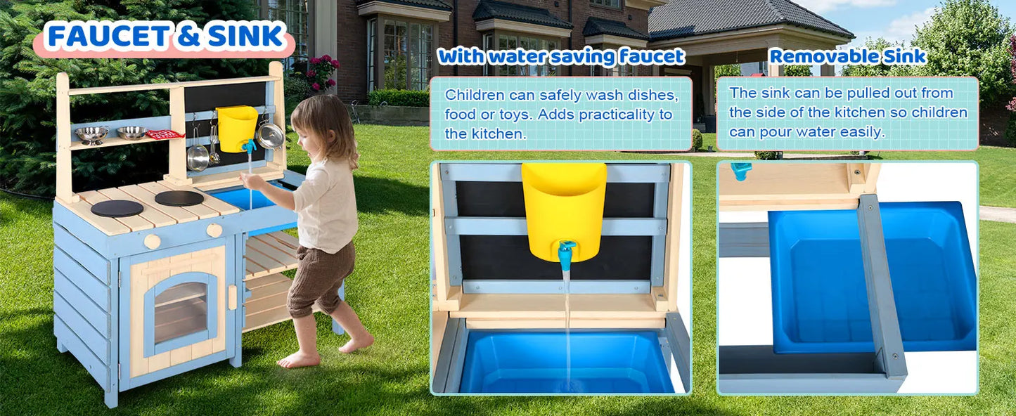 2 In 1 Mud Kitchen For Kids, Outdoor Play Kitchen / Grocery Store With Sink & Faucet, Blackboard, Utensils, Stove Top,