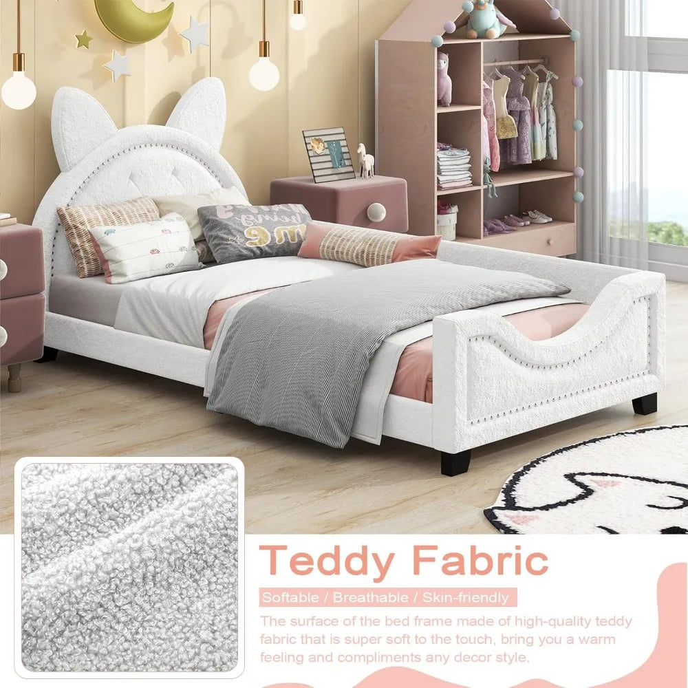 Upholstered Twin Size PU Leather Platform Bed with Carton Ears Shaped Headboard