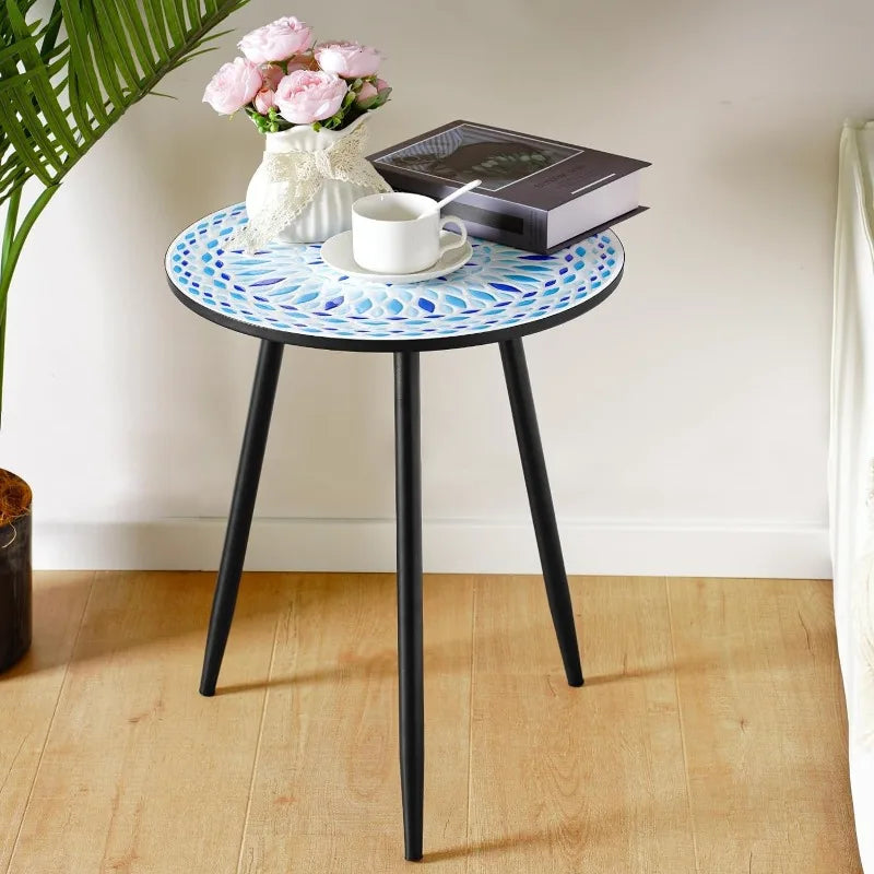 Round Side End Table, 16" Unique Relief Ceramic Tile Table Top with Metal Structure, Small Accent Coffee Tables