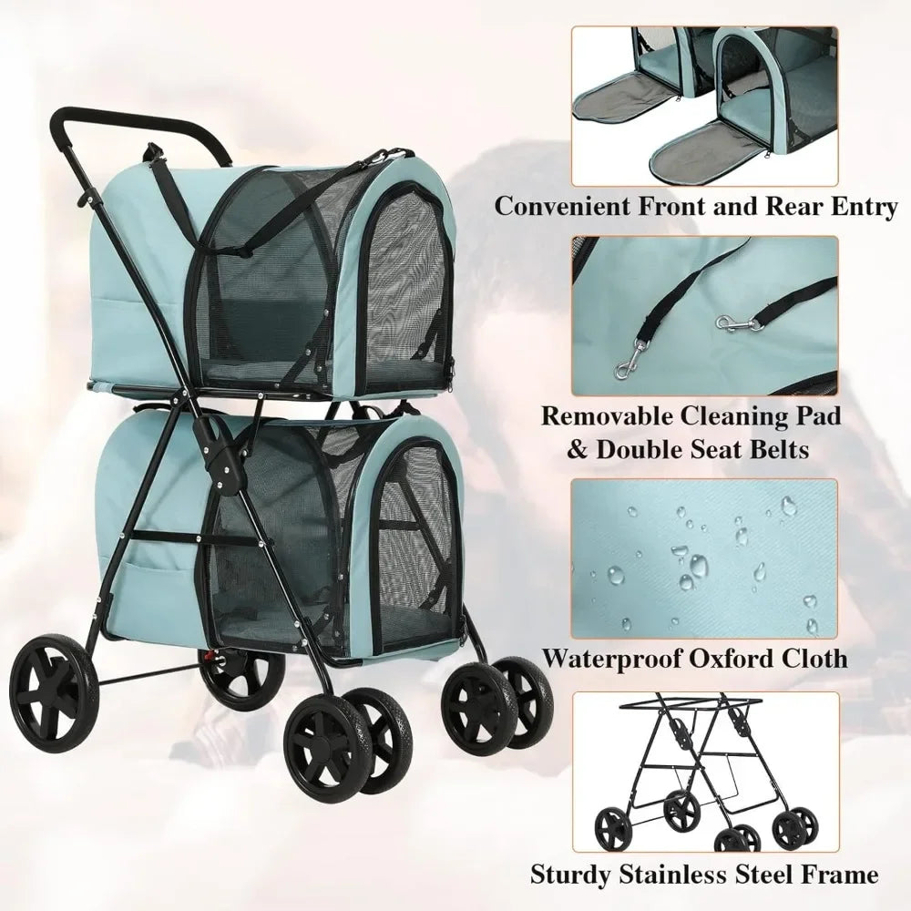 4-in-1 Double Pet Stroller for Dogs and Cats, 2 Detachable Carriers 4 Lockable Wheels Travel Cart, Collapsible