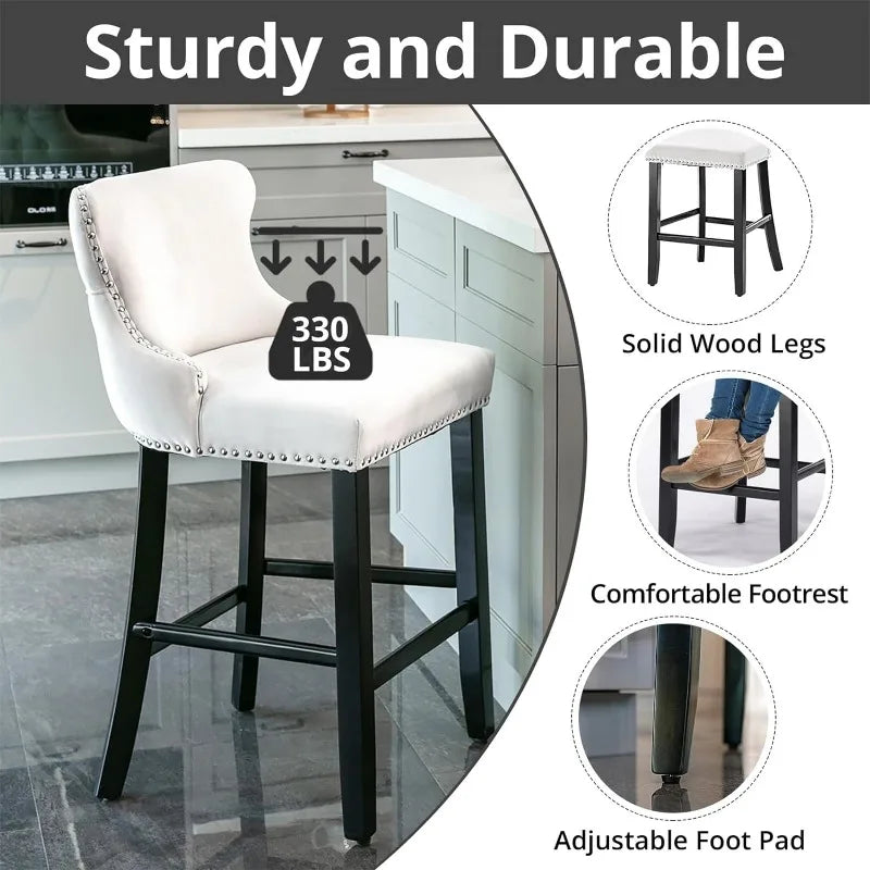 Bar Stools Set of 4 Counter Height, Velvet Upholstered Barstools with Solid Wood Legs, Button Tufted and Nailheads Trim