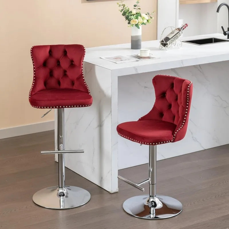 Swivel Bar Stools Set of 2, Adjustable Counter Height Barstools with Nailheads Trim, Button Tufted Back and Silver Footrest,